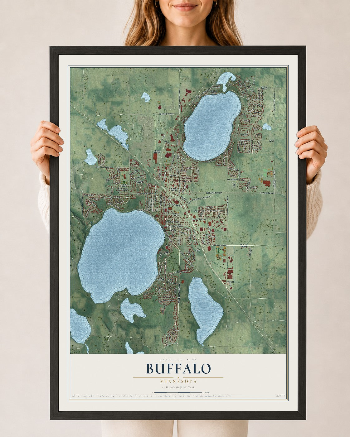 Map of Buffalo, Minnesota, 24 x 36 inch print in a black wood frame