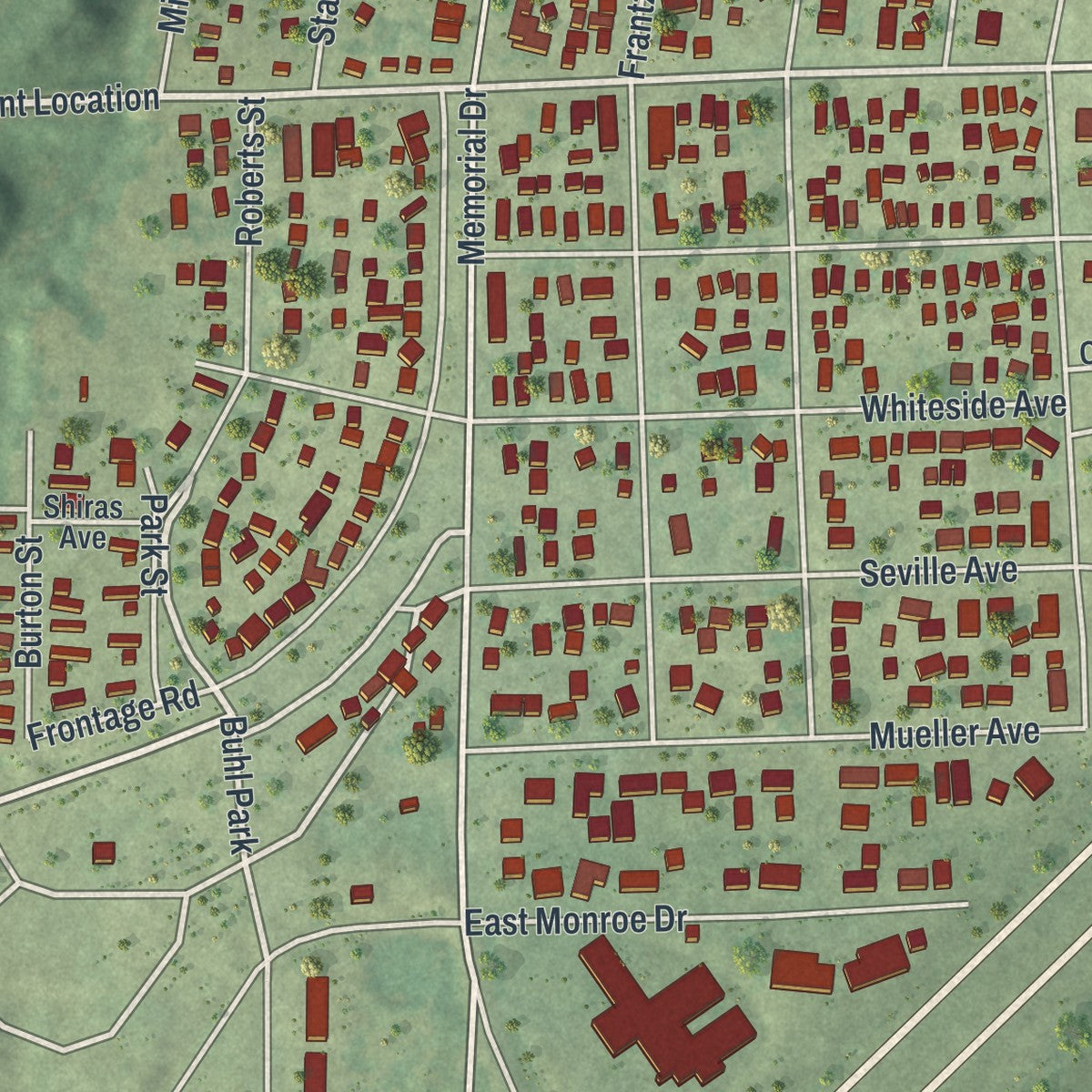 Close-up of the map of Buhl, Minnesota print showing street and building detail