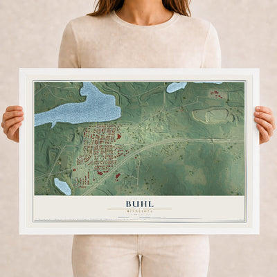 Map of Buhl, Minnesota, 12 x 18 inch print in a white wood frame