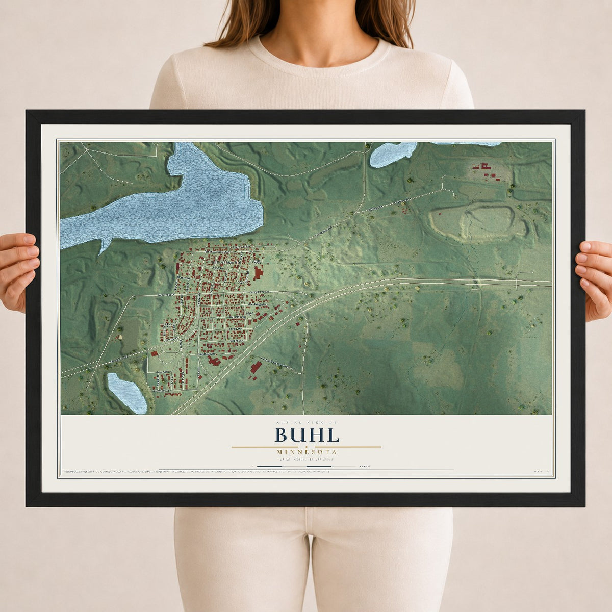 Map of Buhl, Minnesota, 18 x 24 inch print in a black wood frame