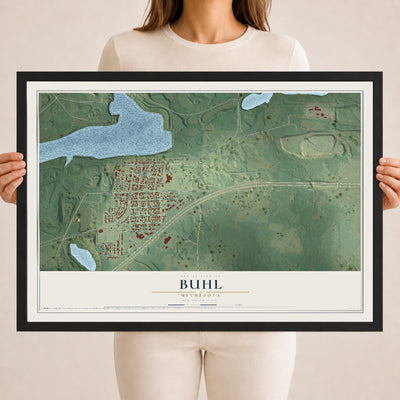 Map of Buhl, Minnesota, 18 x 24 inch print in a black wood frame