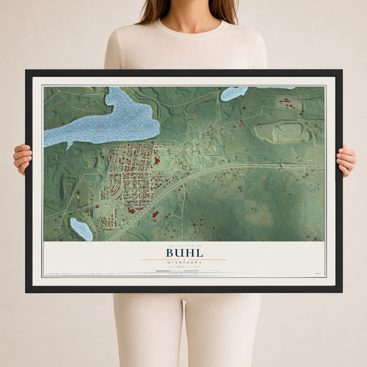 Map of Buhl, Minnesota, 24 x 36 inch print in a black wood frame