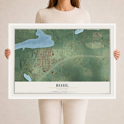 Map of Buhl, Minnesota, 24 x 36 inch print in a white wood frame