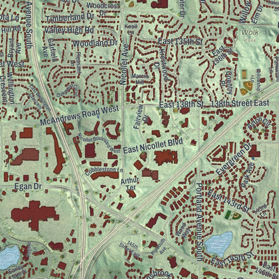 Close-up of the map of Burnsville, Minnesota print showing street and building detail