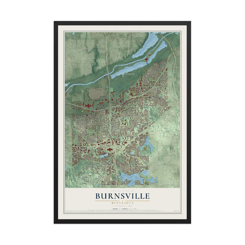 Map of Burnsville, Minnesota, 12 x 18 inch print in a black wood frame