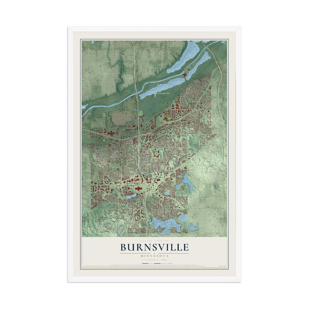 Map of Burnsville, Minnesota, 12 x 18 inch print in a white wood frame