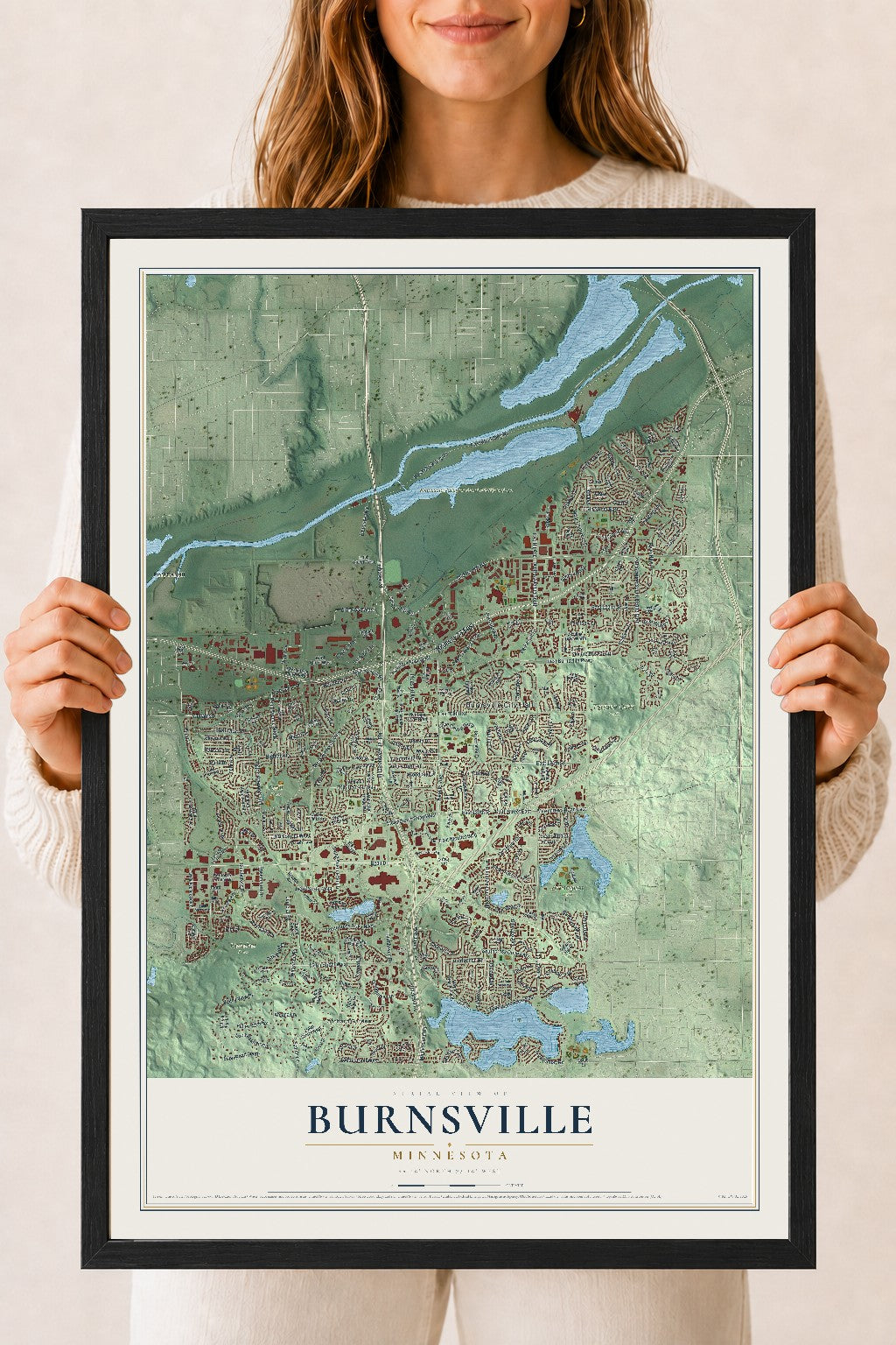 Map of Burnsville, Minnesota, 18 x 24 inch print in a black wood frame