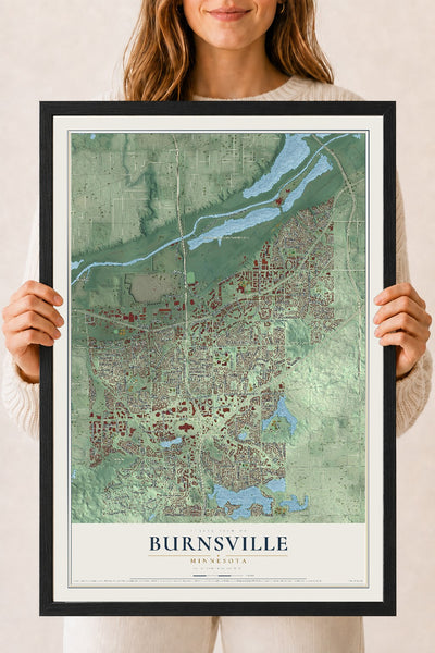 Map of Burnsville, Minnesota, 18 x 24 inch print in a black wood frame