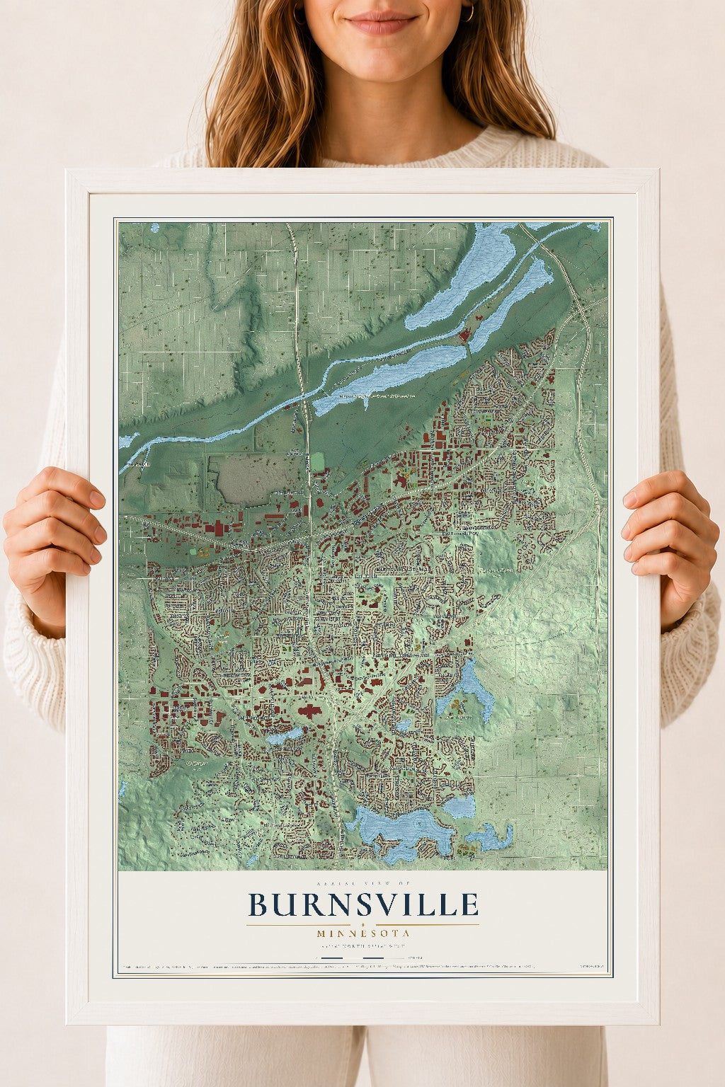 Map of Burnsville, Minnesota, 18 x 24 inch print in a white wood frame