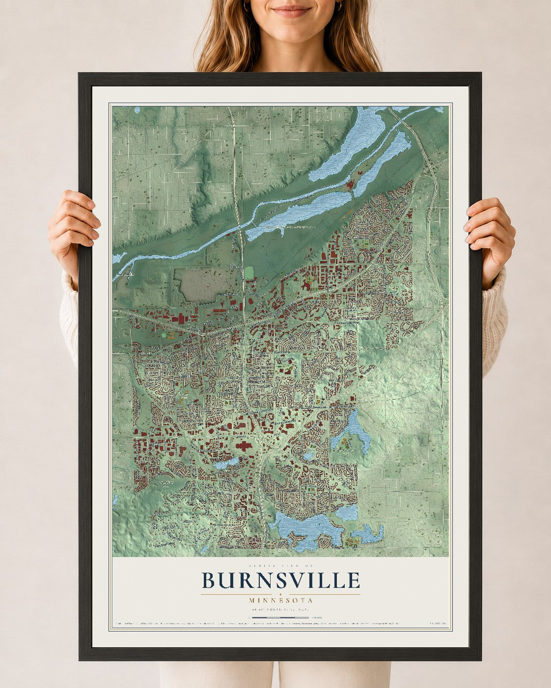 Map of Burnsville, Minnesota, 24 x 36 inch print in a black wood frame