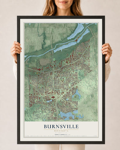 Map of Burnsville, Minnesota, 24 x 36 inch print in a black wood frame