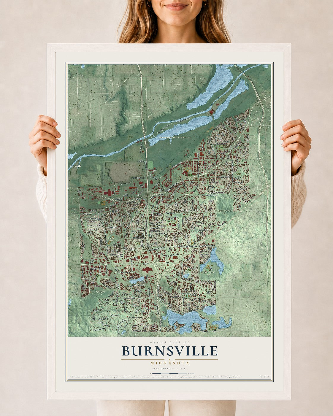 Map of Burnsville, Minnesota, 24 x 36 inch print in a white wood frame