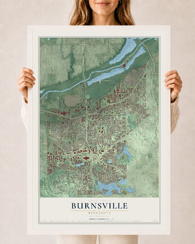 Map of Burnsville, Minnesota, 24 x 36 inch print in a white wood frame
