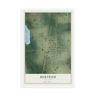 Map of Burtrum, Minnesota, 12 x 18 inch print in a white wood frame