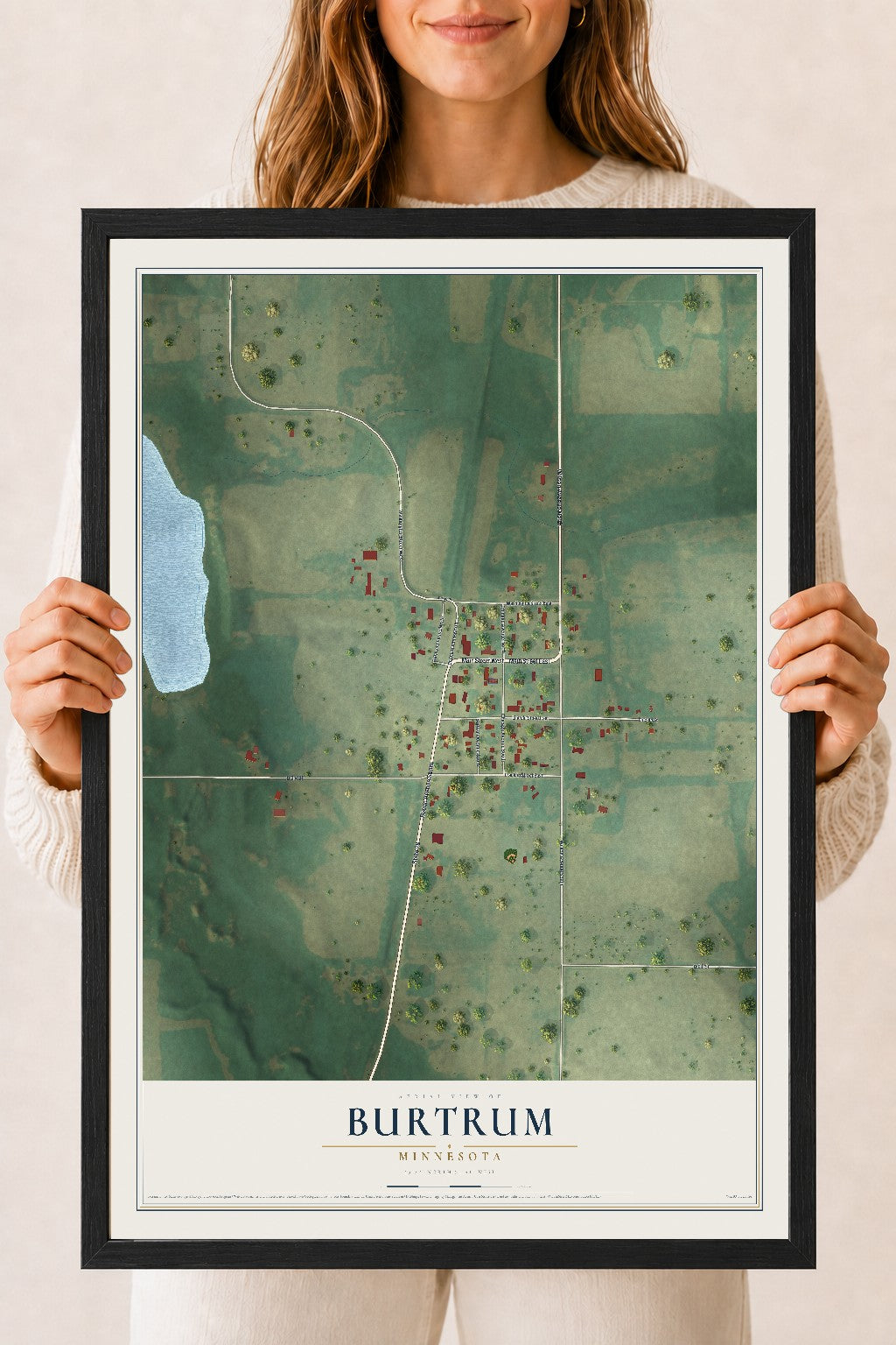 Map of Burtrum, Minnesota, 18 x 24 inch print in a black wood frame