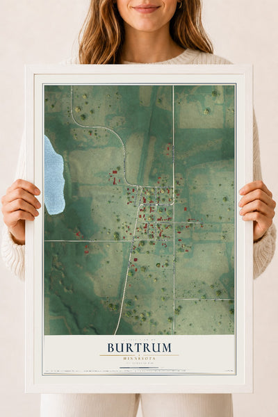 Map of Burtrum, Minnesota, 18 x 24 inch print in a white wood frame