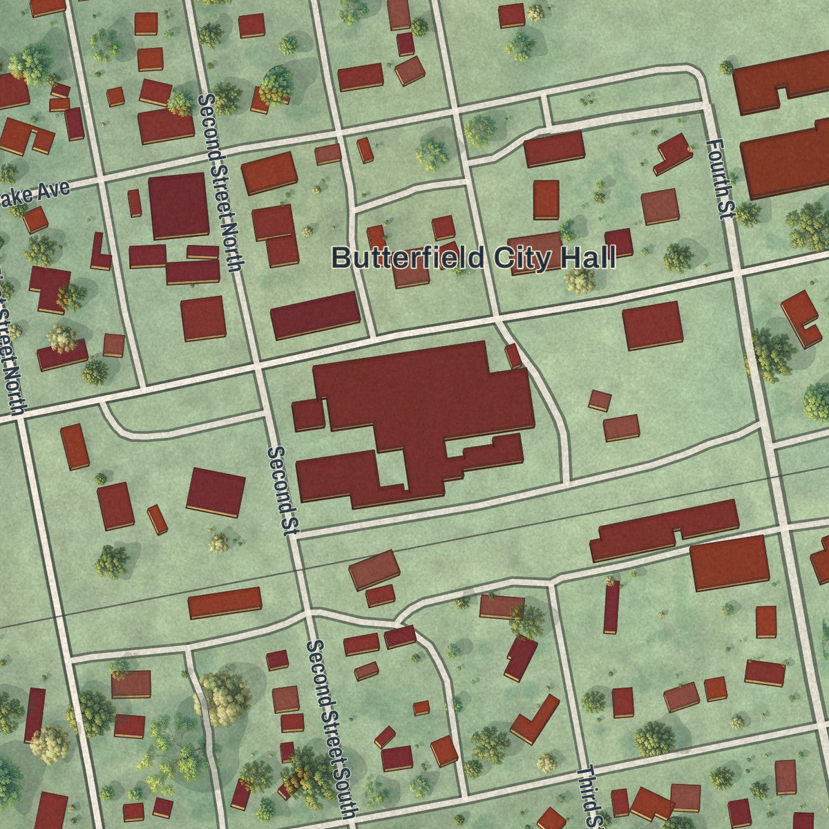 Close-up of the map of Butterfield, Minnesota print showing street and building detail