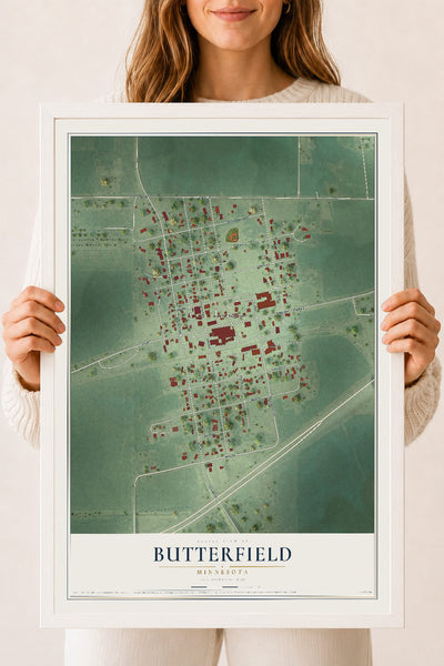 Map of Butterfield, Minnesota, 18 x 24 inch print in a white wood frame