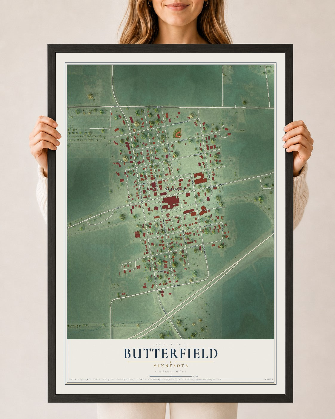 Map of Butterfield, Minnesota, 24 x 36 inch print in a black wood frame