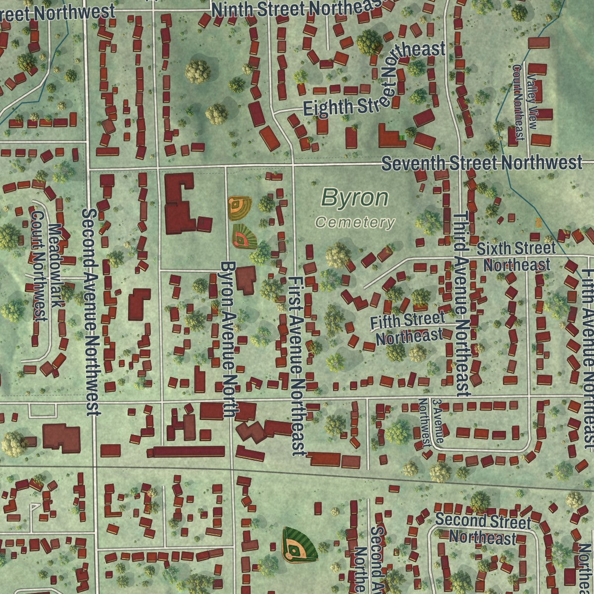 Close-up of the map of Byron, Minnesota print showing street and building detail