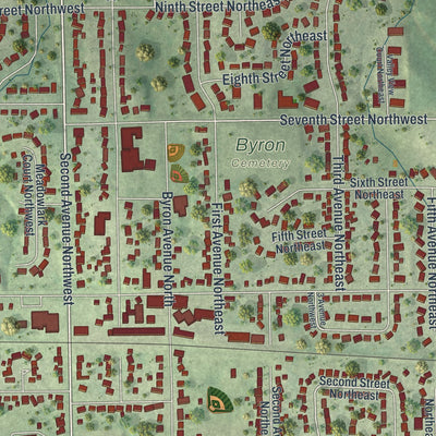Close-up of the map of Byron, Minnesota print showing street and building detail