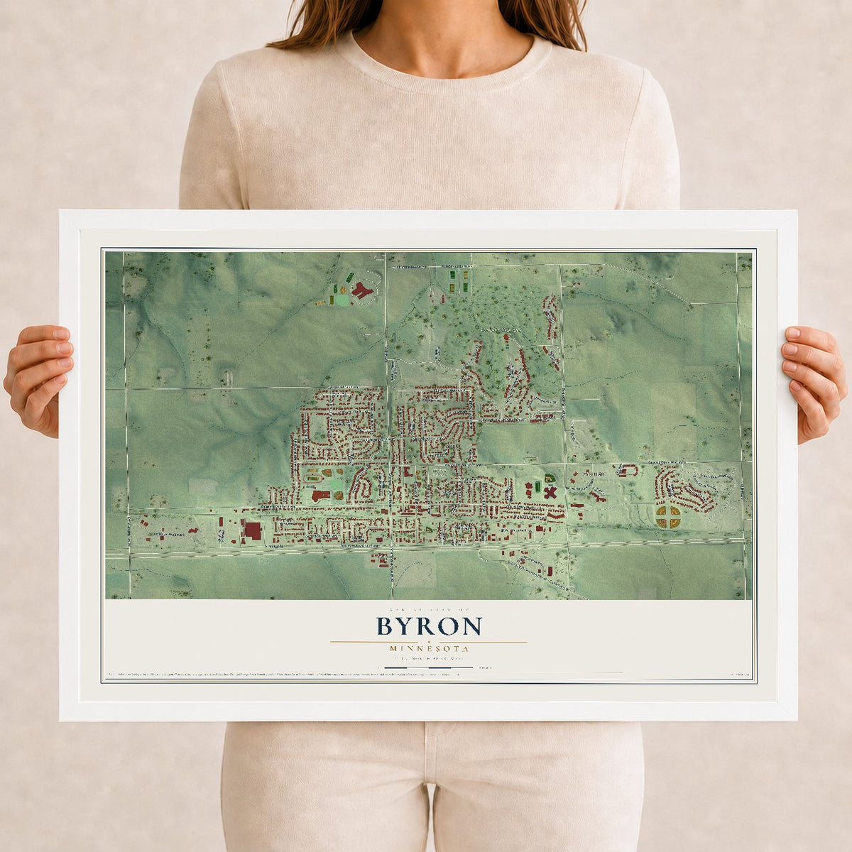 Map of Byron, Minnesota, 12 x 18 inch print in a white wood frame