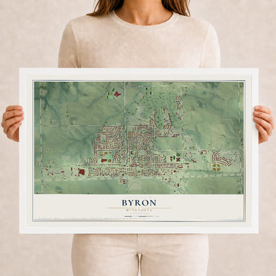 Map of Byron, Minnesota, 12 x 18 inch print in a white wood frame
