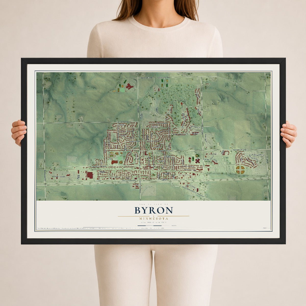Map of Byron, Minnesota, 24 x 36 inch print in a black wood frame
