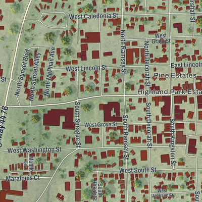 Close-up of the map of Caledonia, Minnesota print showing street and building detail
