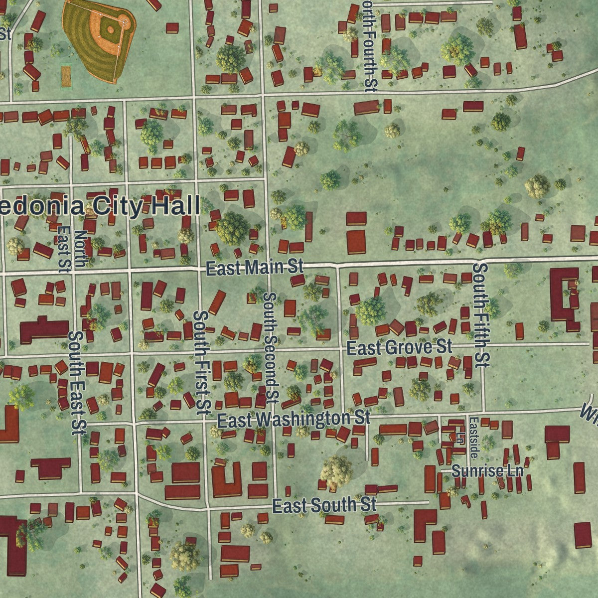Second close-up of the map of Caledonia, Minnesota print showing more streets and buildings