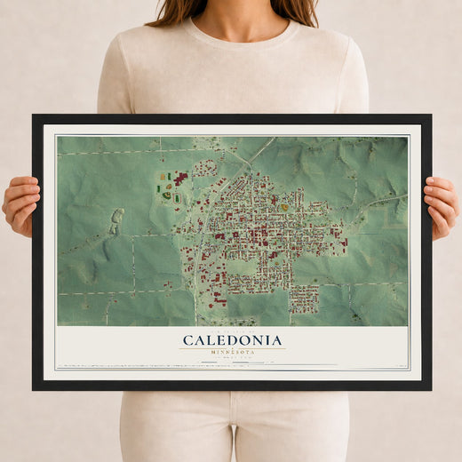 Map of Caledonia, Minnesota, 12 x 18 inch print in a black wood frame