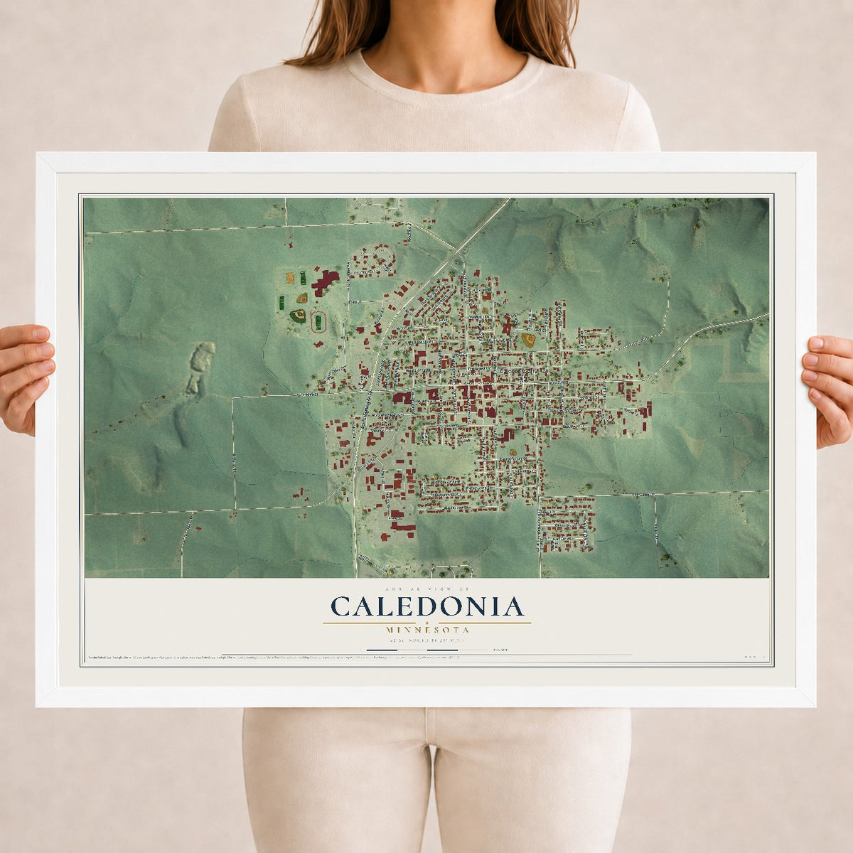 Map of Caledonia, Minnesota, 18 x 24 inch print in a white wood frame