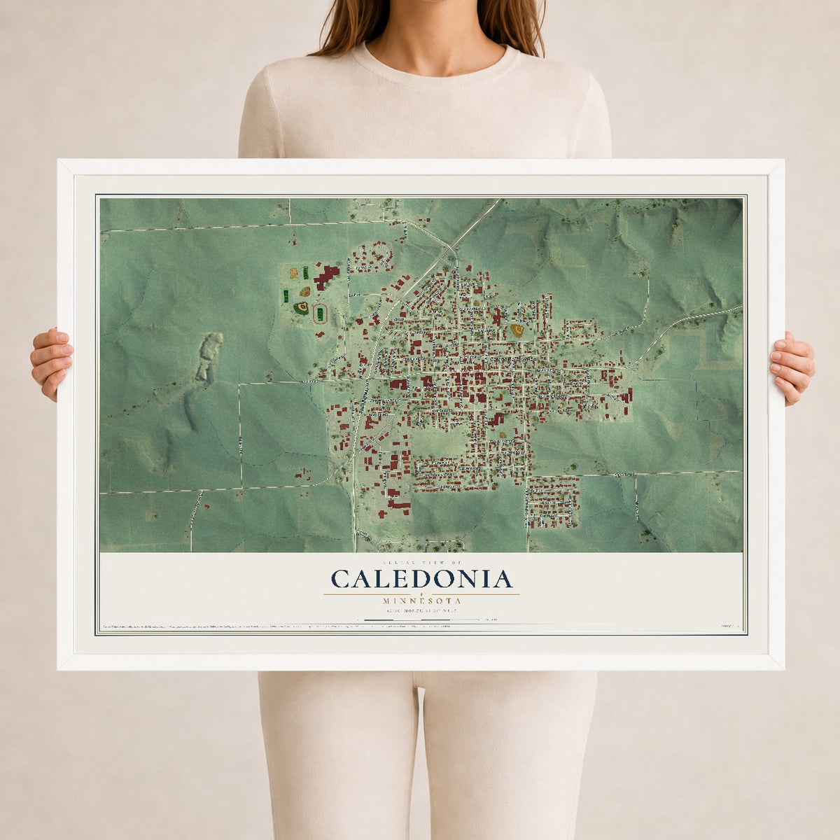 Map of Caledonia, Minnesota, 24 x 36 inch print in a white wood frame