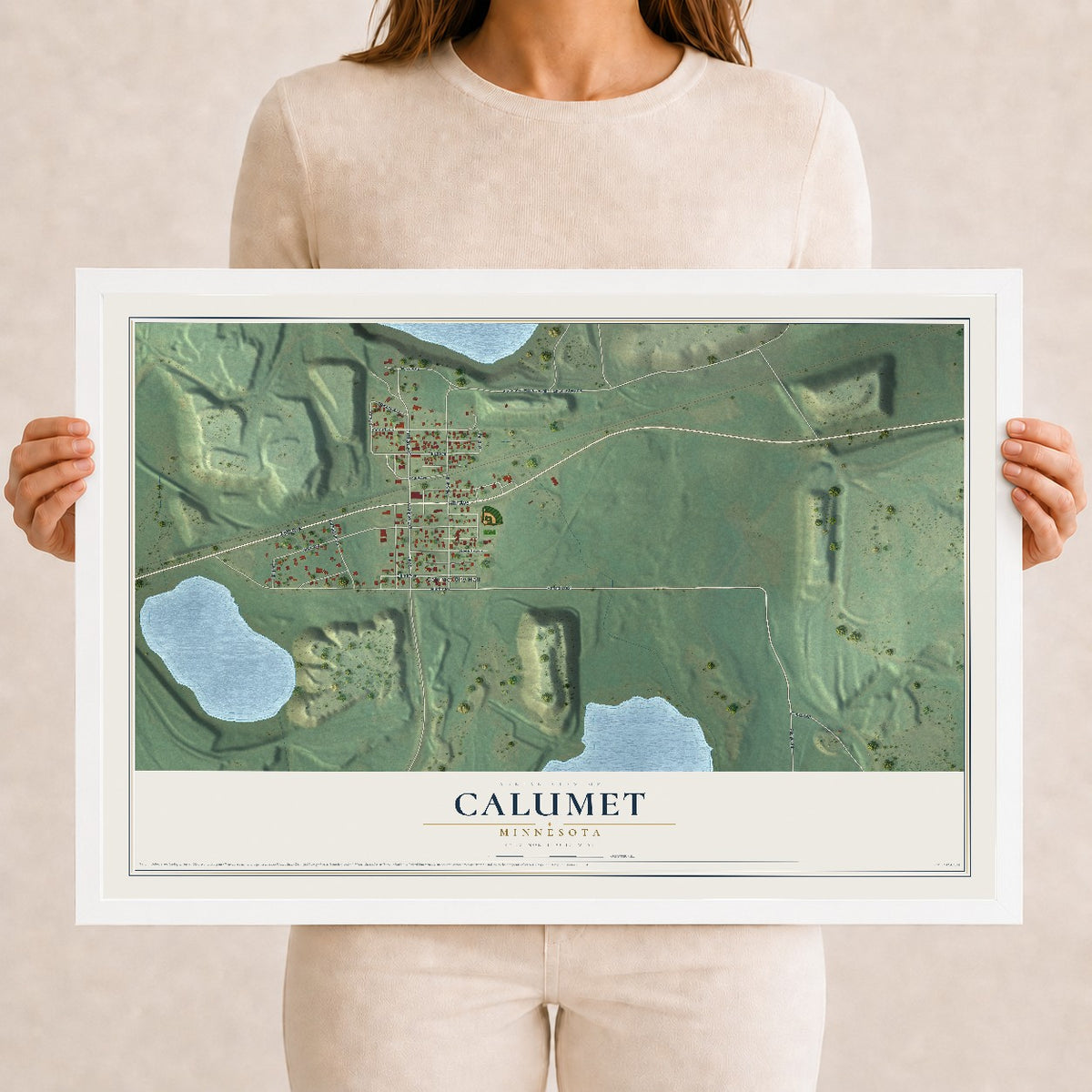Map of Calumet, Minnesota, 12 x 18 inch print in a white wood frame