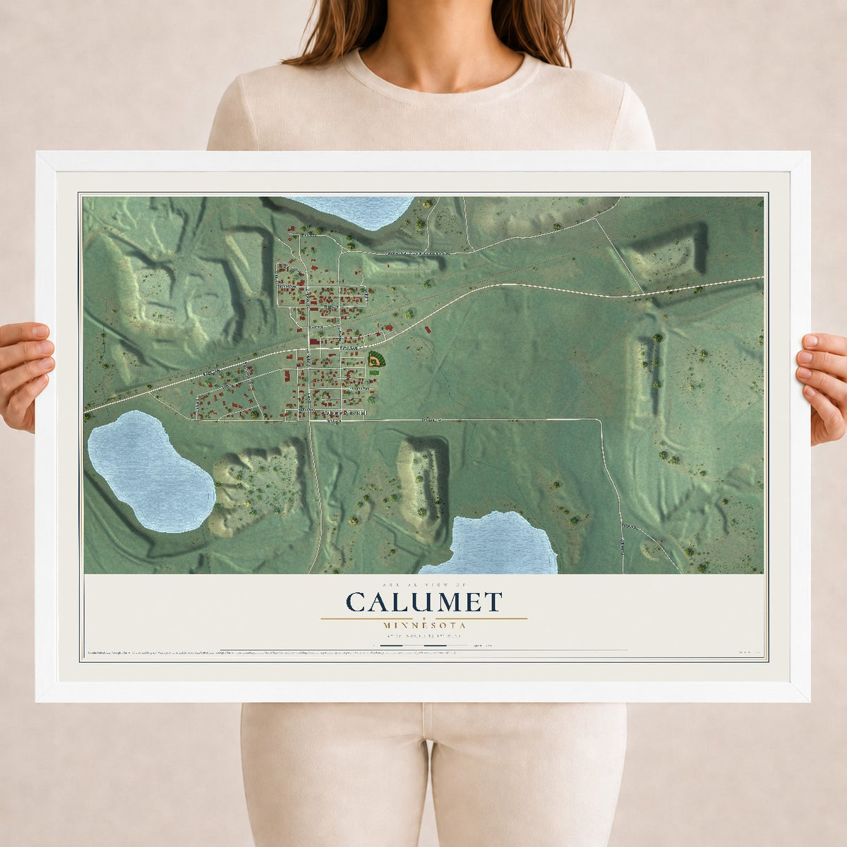 Map of Calumet, Minnesota, 18 x 24 inch print in a white wood frame