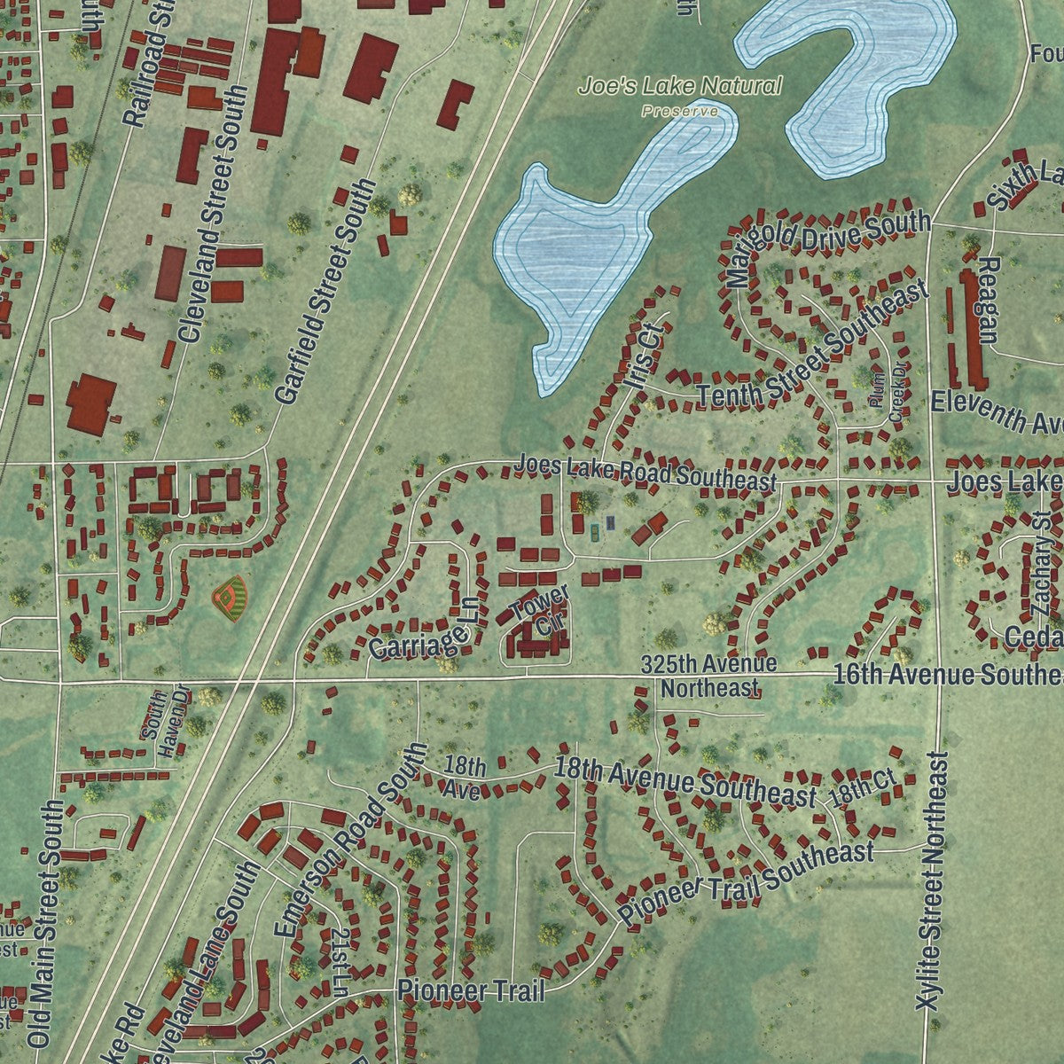Close-up of the map of Cambridge, Minnesota print showing street and building detail