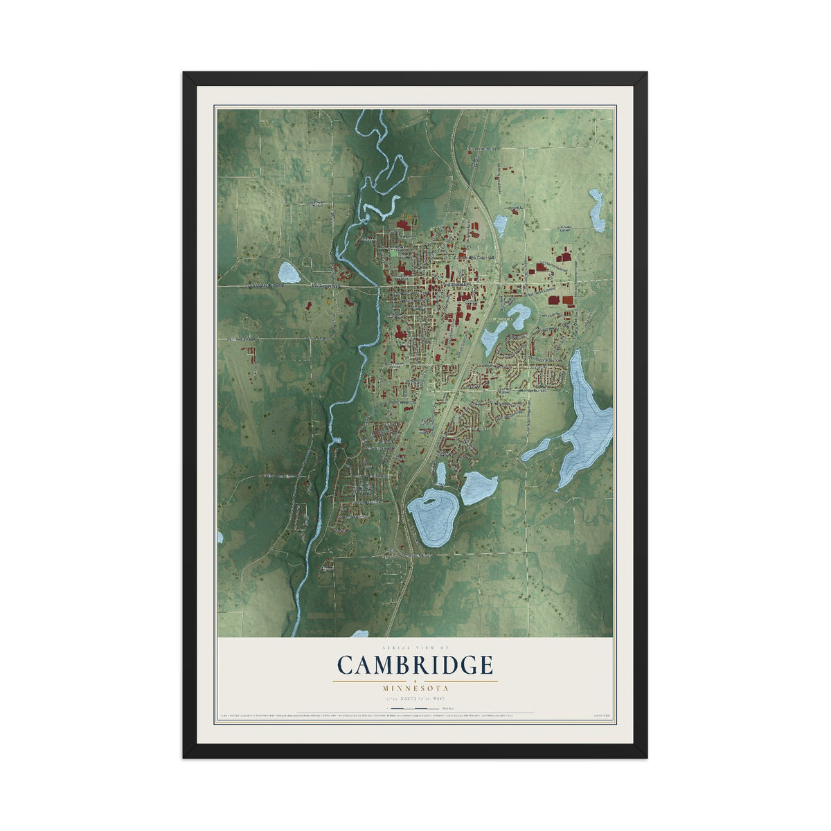 Map of Cambridge, Minnesota, 12 x 18 inch print in a black wood frame