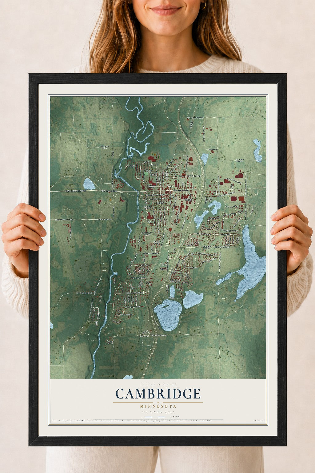 Map of Cambridge, Minnesota, 18 x 24 inch print in a black wood frame