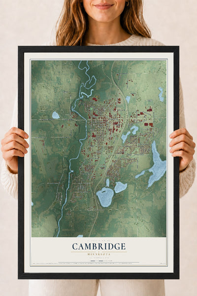 Map of Cambridge, Minnesota, 18 x 24 inch print in a black wood frame