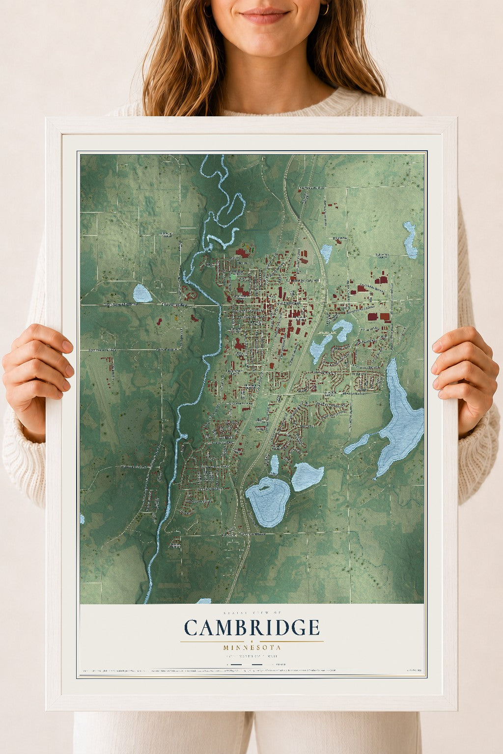 Map of Cambridge, Minnesota, 18 x 24 inch print in a white wood frame