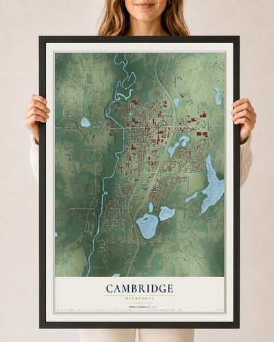 Map of Cambridge, Minnesota, 24 x 36 inch print in a black wood frame