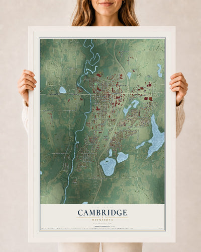 Map of Cambridge, Minnesota, 24 x 36 inch print in a white wood frame