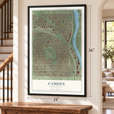 Camden, Minnesota map, 24 x 36 inch print in a black frame by a staircase