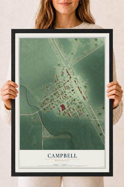 Map of Campbell, Minnesota, 18 x 24 inch print in a black wood frame