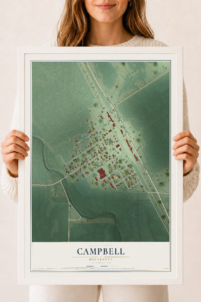 Map of Campbell, Minnesota, 18 x 24 inch print in a white wood frame