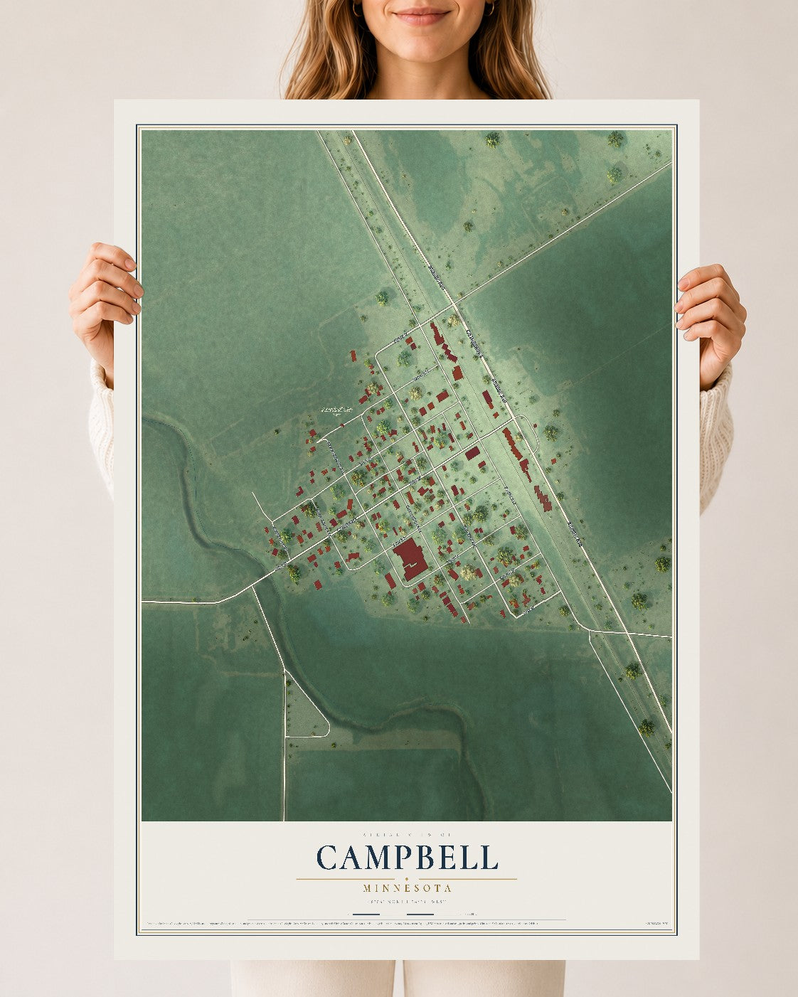 Map of Campbell, Minnesota, 24 x 36 inch unframed archival matte print