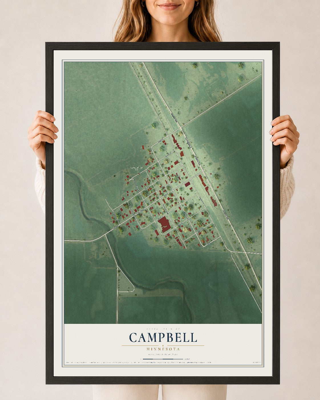 Map of Campbell, Minnesota, 24 x 36 inch print in a black wood frame