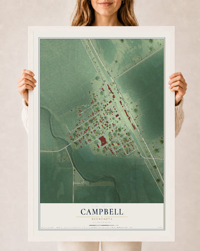 Map of Campbell, Minnesota, 24 x 36 inch print in a white wood frame