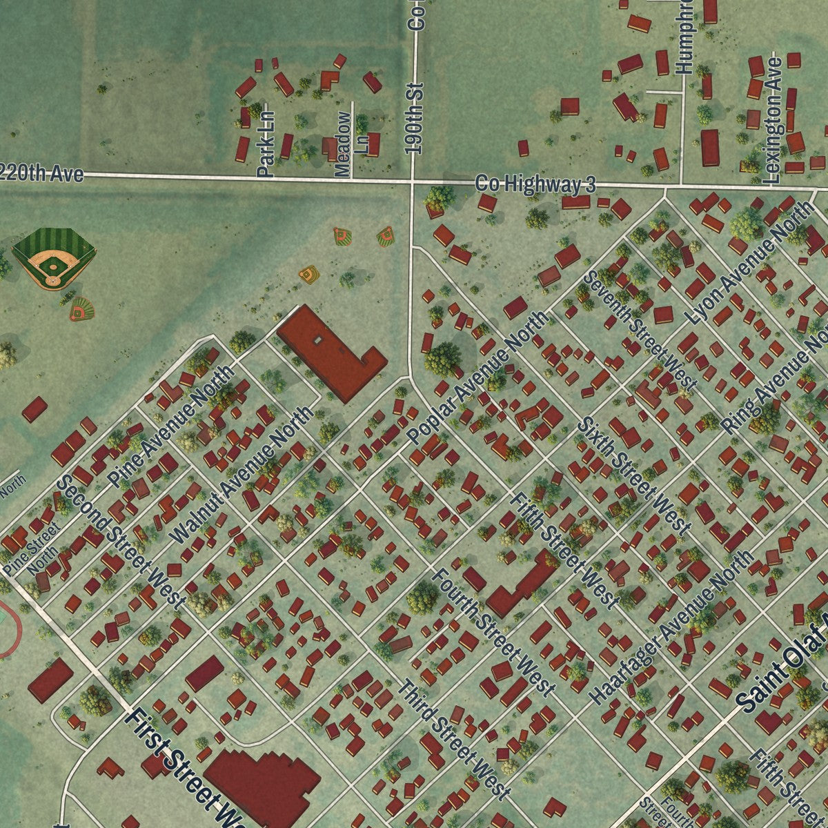 Close-up of the map of Canby, Minnesota print showing street and building detail