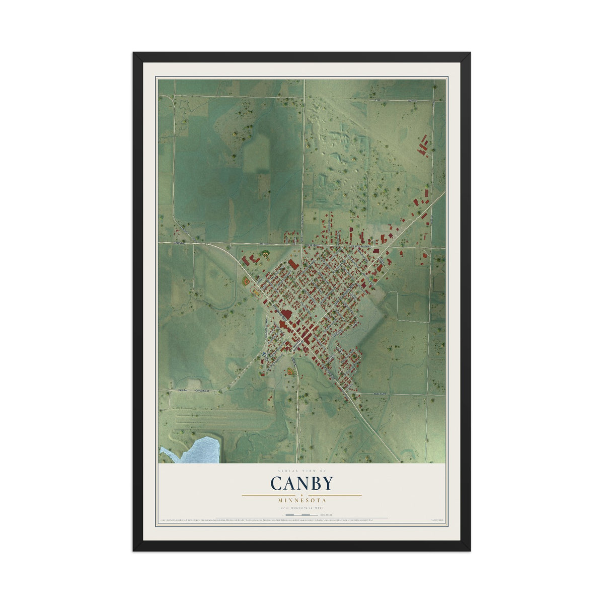 Map of Canby, Minnesota, 12 x 18 inch print in a black wood frame
